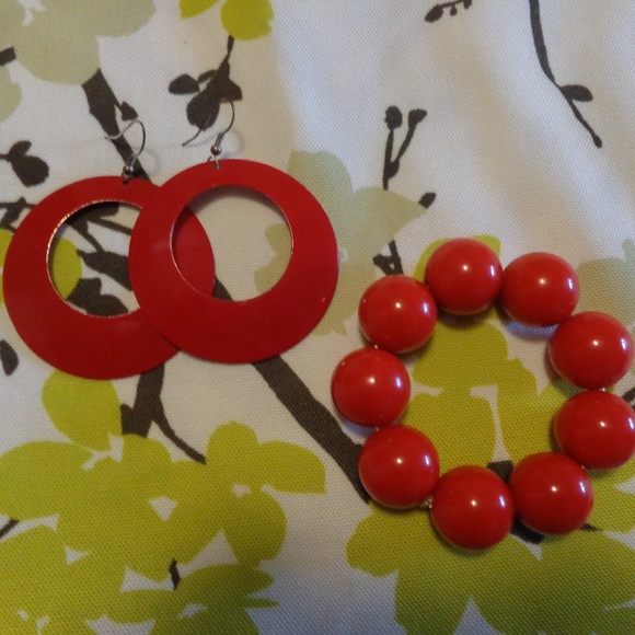 Jewelry - Red Hoop Earrings and Jumbo Beaded Bracelet Set